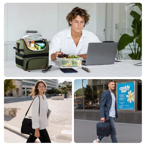 MIER Dual Compartment Lunch Bag Tote with Shoulder Strap for Men and Women Insulated Leakproof Cooler Bag, Black