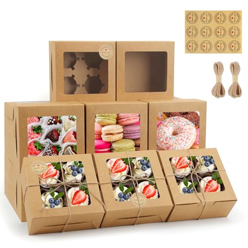 OAMCEG 50 PCS Cupcake Boxes with Window, 6x6x3 Inch Cookie Boxes, Brown Bakery Containers for Pastry, Dessert, Chocolate S...