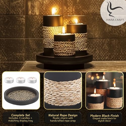 IYARA CRAFT Tealight Candle Holders with Tray – Set of 3 Rustic Black Wooden Candle Holders with Natural Rope Accent, Cozy...