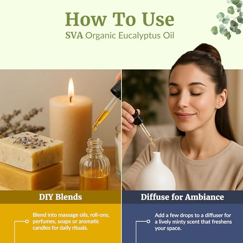 SVA Eucalyptus Essential Oil Organic – 4 Fl Oz – 100% Natural Organic Eucalyptus Oil - for Diffuser, Hair, Face, Skin Car...