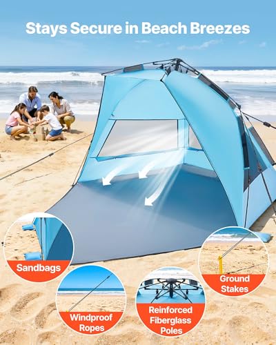 VEVOR Beach Tent Sun Shelter for 4 Person, Pop Up Beach Tent UPF 50+, Portable Sun Shade Beach with Carrying Bag and Sand ...