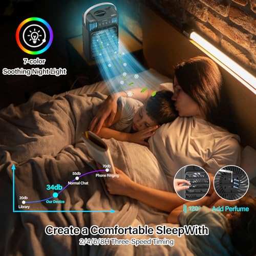 Portable Air Conditioner Cooling Fan with Remote, Quiet with 3 Speeds, 1200ml Personal Air Cooler Fan with 3 Mist, 7 Night...