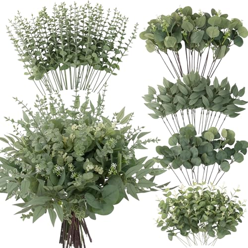 lovemoon 130 Pcs Artificial Mixed Eucalyptus Stems Bulk, 5 Kinds of Faux Greenery Eucalyptus Leaves Bulk for Vase Wedding ...