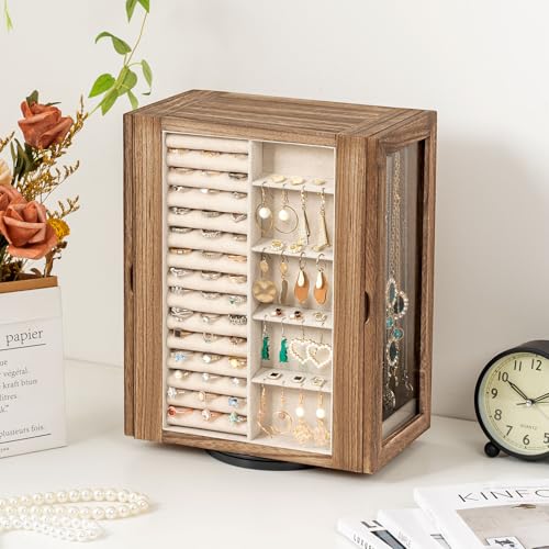 Emfogo 360° Rotating Jewelry Box for Women, Rustic Wooden Jewelry Organizer Box with 5 Drawers, Glass Doors, Vertical Open...