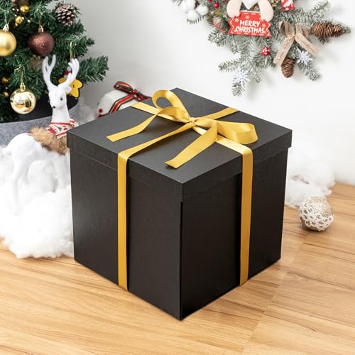 Mefleet Large Gift Box with Lid for Presents 12x12x12 Inches Extra Big Deep Square Black Boxes 1 Pack for Christmas, Birth...