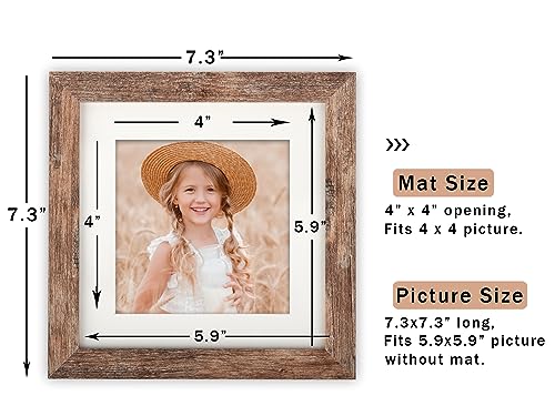 ORIVAN 6x6 Square Picture Frame Display Picture 4x4 with Mat or 6x6 without Mat Distressed Brown Wood Grain Photo Frame fo...