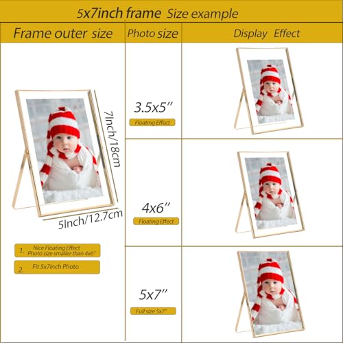 Gold 5x7'' Floating Frame Set of 2, For Photo Sizes (3.5 x5'', 4x 6'' up to 5x7'' ), Beautiful Metal Lace Edge Frames Adju...