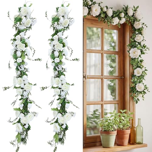 Riceshoot 4 Pcs 6ft Flower Garland with Peony & Rose - Artificial Silk Floral Vine Hanging Fake Roses Vine for Wedding Par...