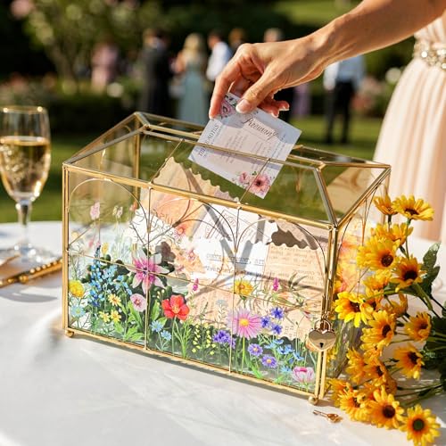 AerWo Glass Wedding Card Box with Lock, Gold Rim Gift Card Box for Wedding with Flower Patterns, Clear Wedding Card Boxes ...