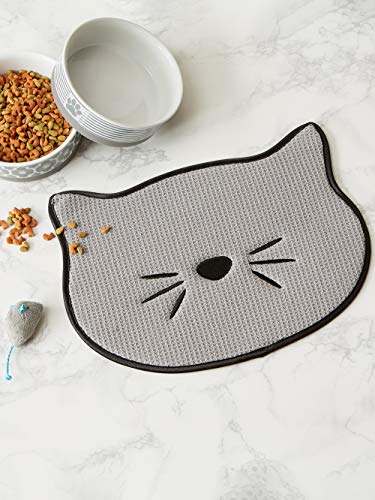 Bone Dry Embroidered Microfiber Cat Shape Pet Food & Water Placemat-Gray