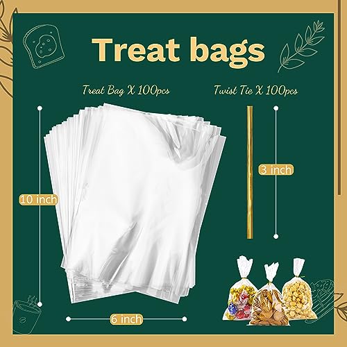 LOKIQNG Cellophane Bags Plastic Gift Bag Clear Cookie Treat Bags with Twist Ties for Party Favor Bag(100PACK,6x10inch)