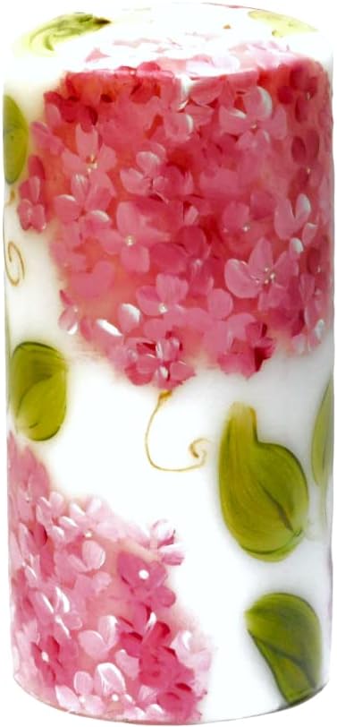 Beautiful Large Tall Decorative Romantic Hand Painted Pink Hydrangea Flower White Pillar Candle with Golden Swirls Big Flo...