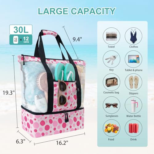 ASL Mesh Beach Bag with Cooler Compartment for Women, 2-in-1 Print Travel Tote 30L with Zipper and Pockets, Pool Picnic