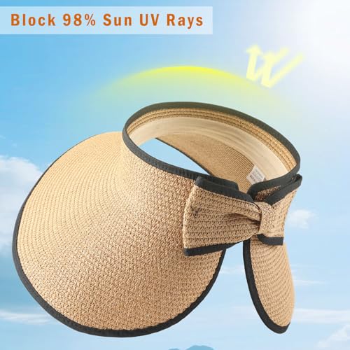 Sun Visors for Women Wide Brim Beach Hat Foldable Straw Visor Hat Ponytail Summer Packable