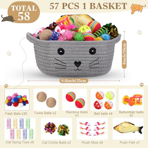 Zopeal 58 Pcs Easter Cat Storage Basket Gift Toys Set, Colorful Flashing Balls Pet Bell Crinkle Balls Spring Toys Attract ...