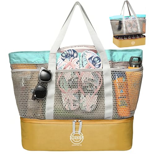 STOVER Extra Large Mesh Beach Bag, Vacation, Pool, Shopping & Travel Tote - Foldable w/Storage Pouch & Pockets for Women, Men