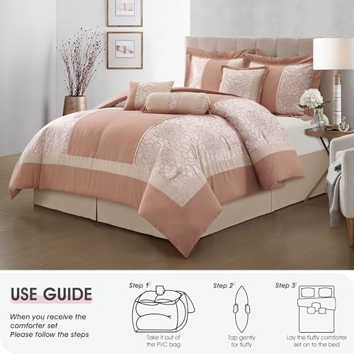 LANCO MODERN LIFESTYLE 7 Piece King Size Comforter Set, Blush, Elegant Floral Jacquard, Stylish and Cozy Bedding Collectio...