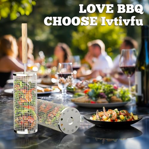 ivtivfu Rolling Grill Basket, Removable Wooden Handle, 304 Stainless Steel, Nesting BBQ Tools, Smoker Grilling Accessories...