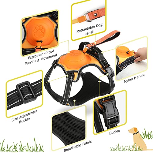 2-in-1 No Pull Dog Harness & Retractable Leash - Large Dog Harness with Auto-Lock, Reflective & Adjustable-XL