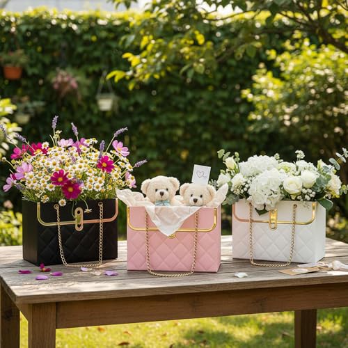 6 PCS Flower Paper Gift Box, Pink White Bouquet Storage Bucket Handbag with Metal Chain Floral Craft Wrap Bag Flower Bags ...