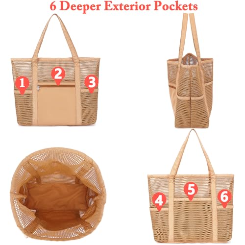 Fammart Mesh Beach Bag for Women, Casual Hobo Bags Large Beach Tote for Pool Travel Cruise Vacation Essentials