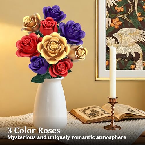 Rose Bouquet Flowers Building Set, 501Pcs Red Purple Golden Roses Artificial Flowers Botanical Collection Compatible with ...
