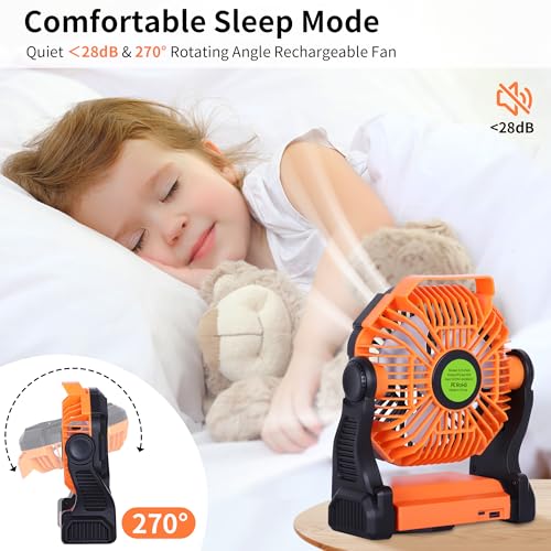 TDLOL Portable Fan Rechargeable Battery Powered Fan,270°Pivot Cordless Battery Operated Camping Fans with LED Light & Hoo...