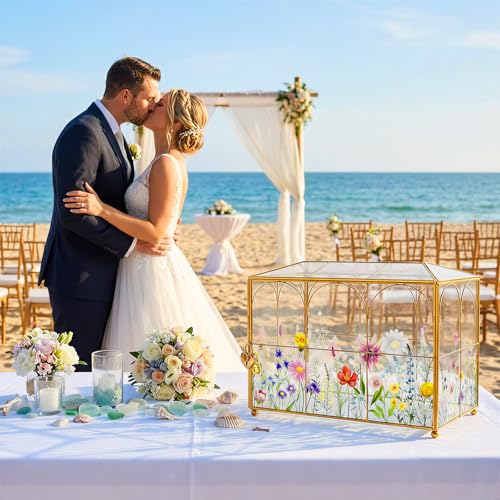 AerWo Glass Wedding Card Box with Lock, Gold Rim Gift Card Box for Wedding with Flower Patterns, Clear Wedding Card Boxes ...