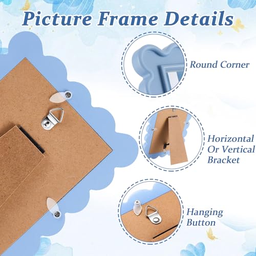 AceOrbit 4x6 Inches Haze Blue Flower Wavy Picture Frame Cute Wavy Edge Wooden Real Glass Photo Frame for Desktop Display H...