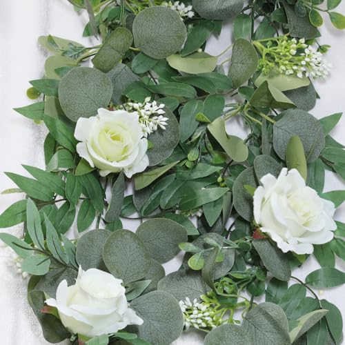 2 Pack 13Ft Artificial Spring Eucalyptus Flower Garland with White Roses, Fake Flower Greenery Floral Green Garland Vines ...