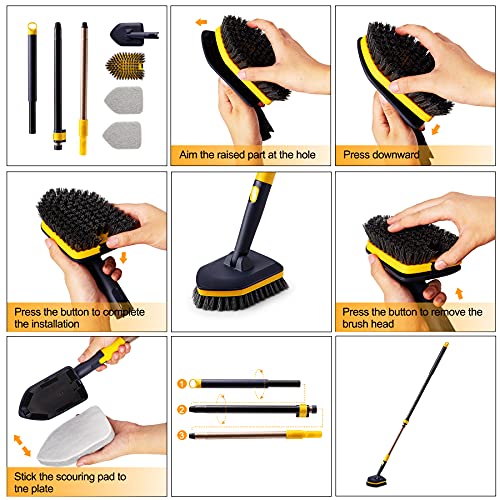 Yocada Tub Tile Scrubber Brush 2 in 1 Cleaning Brush 58.2 Inch Adjustable Telescopic Pole Stiff Bristles Scouring Pads for...