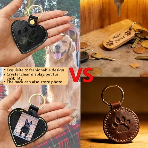LONANSHO Pet Hair Keychain Keepsake: 2 Heart & 2 Paw Shaped Leather Keychains - Memorial Gift for Dog Cat Owners