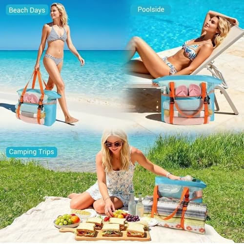 KOKKOYA 40L Large Black Mesh Beach Bag Tote with Zipper Towel Holder Sandproof Waterproof, 17" L x 8" D x 16.5" H
