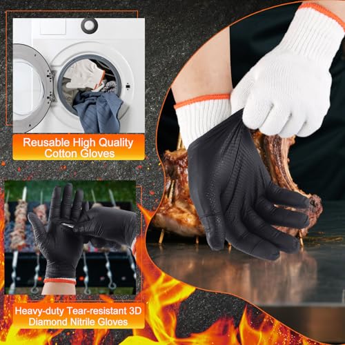 ANBOSON BBQ Gloves for Grilling Disposable Heat Resistant - 100 Nitrile Gloves + 4 Reusable Cotton Liners for Barbecue Smo...