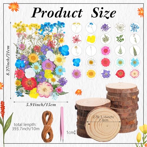 Maasechs 20 Set Spring DIY Wooden Crafts with Dried Pressed Flowers Leaves Unfinished Wood Slices Hanging Ornaments for Ar...