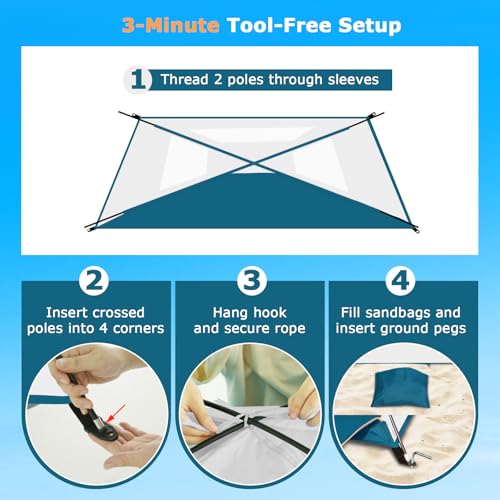 COMMOUDS Beach Tent Sun Shade for 3/4/6/8 Person, UPF 50+ Beach Sun Shelter Canopy Tent, Lightweight, Easy Set Up and Carry