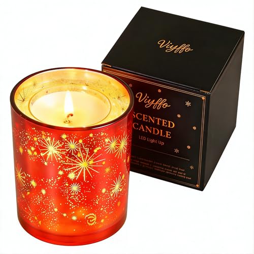 Viyffo 12oz LED Light Up Scented Candle, Lavender & Eucalyptus Soy Candle, Decorative Red Glass Jar Candle, Non Toxic Home...