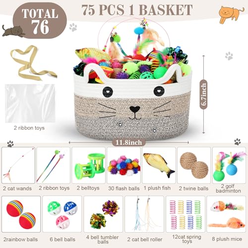 Zopeal 76 Pcs Easter Cat Storage Basket Gift Toys Set Interactive Cat Toys Kitten Wand Colorful Flashing Balls Pet Crinkle...