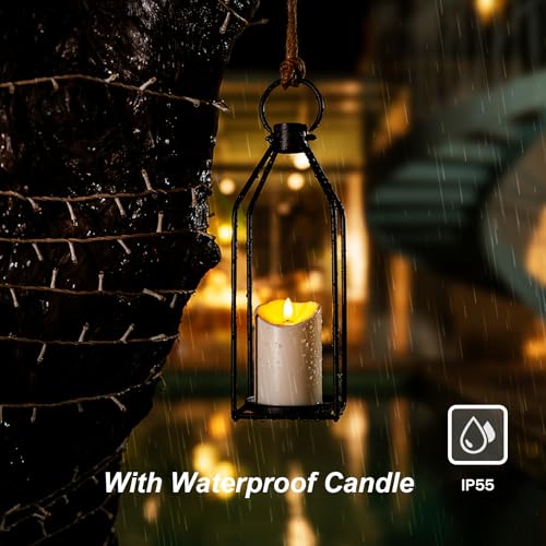 Homemory Modern Farmhouse Lantern Decor with Waterproof Flameless Candle & Remote Timer, 2PCS Black Metal Candle Lantern D...
