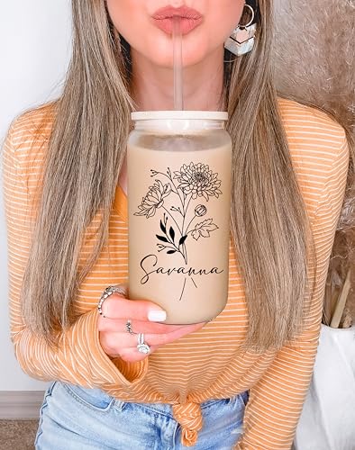 Personalized Birth Flower 16oz Glass Can Cup, Custom Name Bridesmaid Bridal Party Gift, Floral Iced Coffee Glass with Lid ...