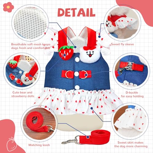 Small Dog Harness and Leash Set Denim Cat Harness Dress for Puppy Clothes for Girls Pink Dog Birthday Dress French Bulldog...