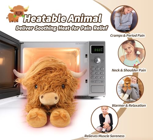 Highland Cow Stuffed Animals, Microwavable Stuffed Animals Heating Pad for Cramps, Pain Stress Relief, Heatable & Coolable...