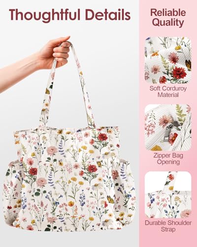 Miss Adola Large Corduroy Tote Bag for Women - Cute Shoulder Reusable Canvas Bags with Zipper Multi-Pocket for School