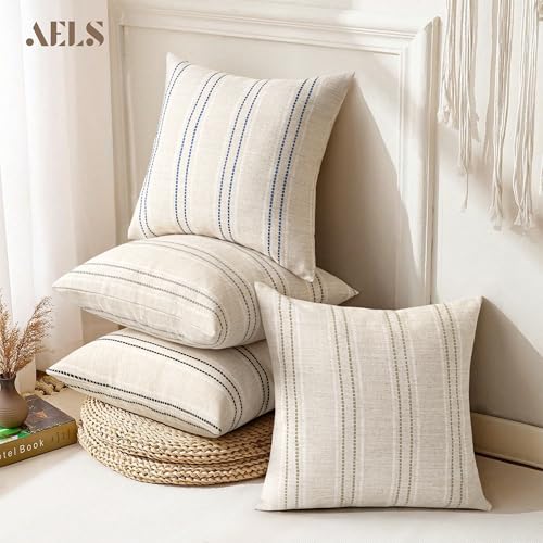 AELS 18x18 Decorative Farmhouse Linen Blend Throw Pillow Covers, Boho Textured Pillow Case, Set of 2, Beige with White & G...