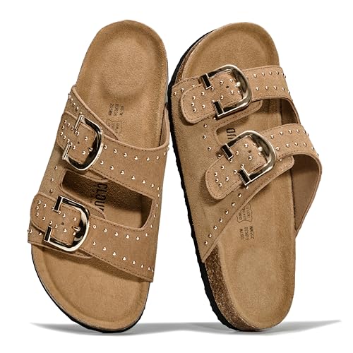 Project Cloud 100% Genuine Leather Flat Sandals For Women 2026 Cork Footbed Womens Sandals with Memory Foam and arch suppo...