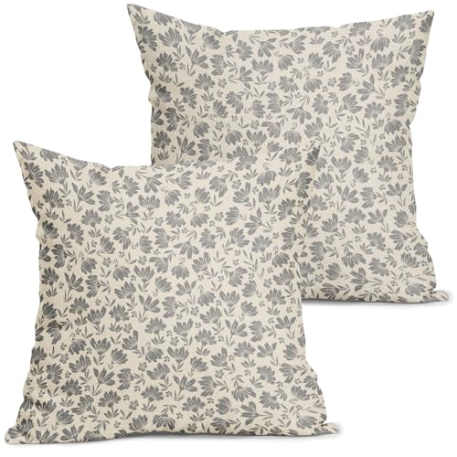 Kawani Daisy Floral Block Print Pillow Covers 18X18 Inch Gray Grey Beige Flowers Decorative Square Pillow Cases Set of 2 F...