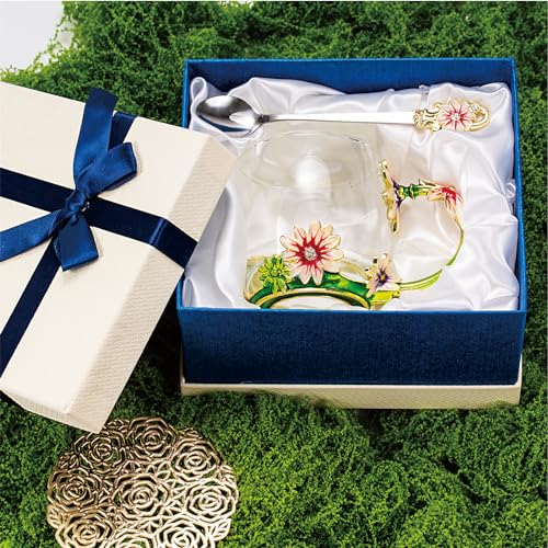 Flower Tea Cup ,Daisy Flower Clear Glass Fancy Coffee Cup with Spoon,Gift Box for Her Mom Wife Grandma Girls Friends Valen...