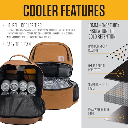 Carhartt Insulated 24 Can Two Compartment Cooler Backpack, Fully-Insulated Base, Durable Water-Resistant for Camping, Beac...