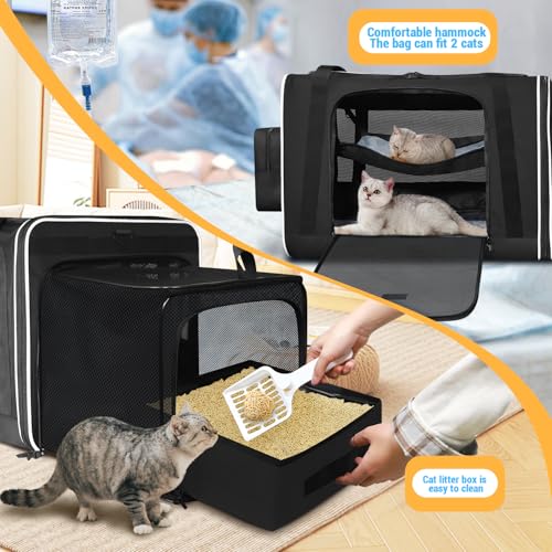 Petskd Side Expandable Extra Large Cat Carrier with Litter Box Area, 24"x17"x17" Soft-Sided Pet Carrier for 2 Cats Under 5...