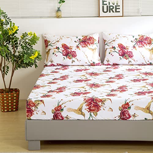 Tache Floral Hummingbirds Burgundy Ivory Antique Vintage Farmhouse Spring Country Rustic Microfiber Rose Garden Sheet Set ...